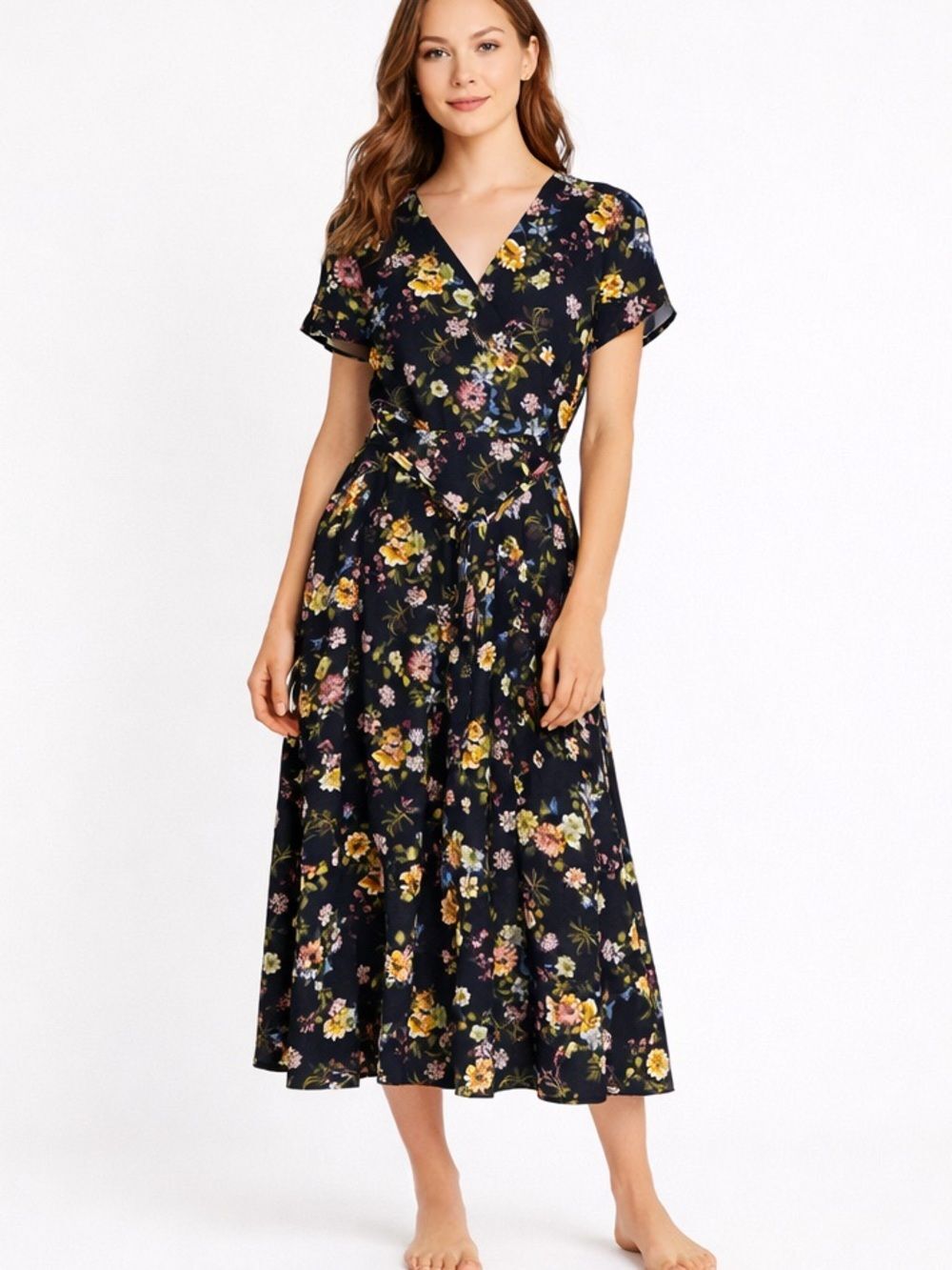 LOFT Navy Floral Button Down Dress Size 10 Cottagecore Boho Summer V-Neck